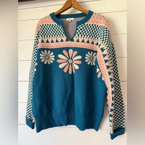 EASEL Women’s Pullover V Neck Sweater Multi Print, Blue & Pink, Size Large